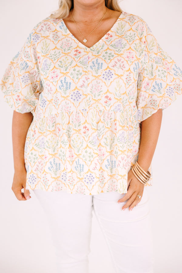 Chic Soul plus size clothing, floral ivory babydoll top with elastic puff sleeves