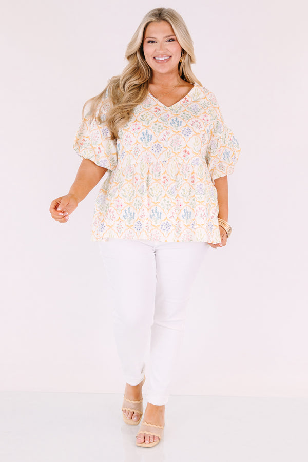 Chic Soul plus size clothing, floral ivory babydoll top with elastic puff sleeves