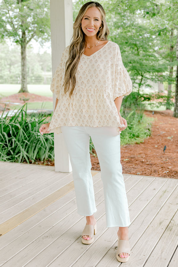 Chic Soul plus size clothing, light yellow short-balloon sleeve shallow v-neck casual top with dainty floral pattern