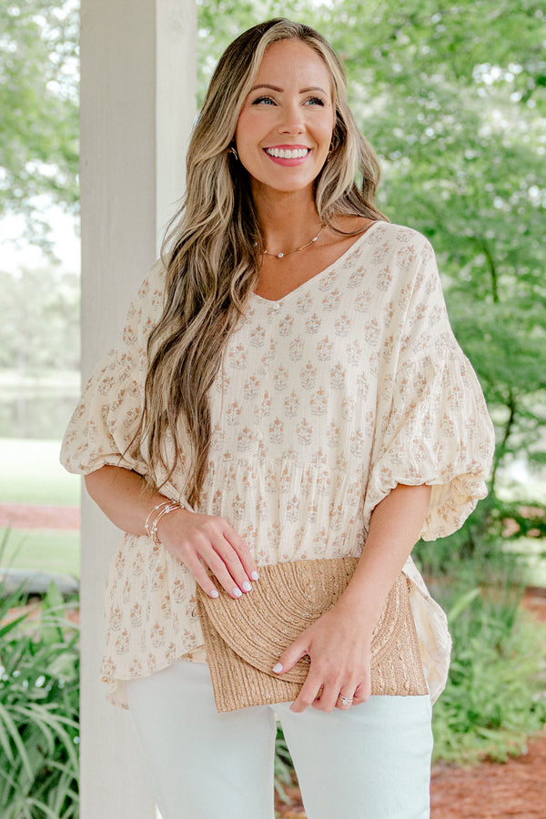 Chic Soul plus size clothing, light yellow short-balloon sleeve shallow v-neck casual top with dainty floral pattern