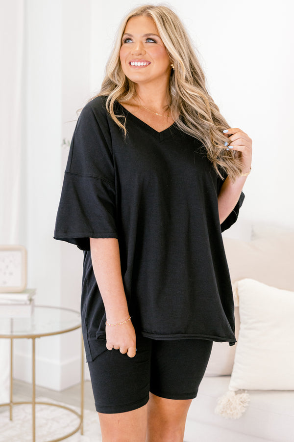 Chic Soul plus size clothing, black short sleeve v-neckline top and black biker shorts set