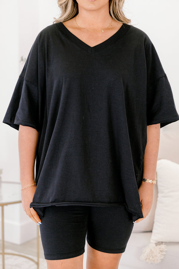 Chic Soul plus size clothing, black short sleeve v-neckline top and black biker shorts set