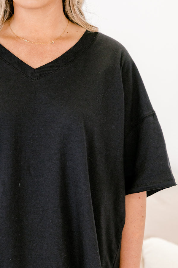 Chic Soul plus size clothing, black short sleeve v-neckline top and black biker shorts set