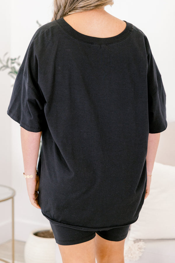 Chic Soul plus size clothing, black short sleeve v-neckline top and black biker shorts set