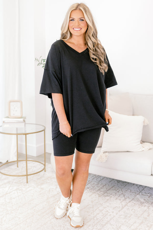 Chic Soul plus size clothing, black short sleeve v-neckline top and black biker shorts set
