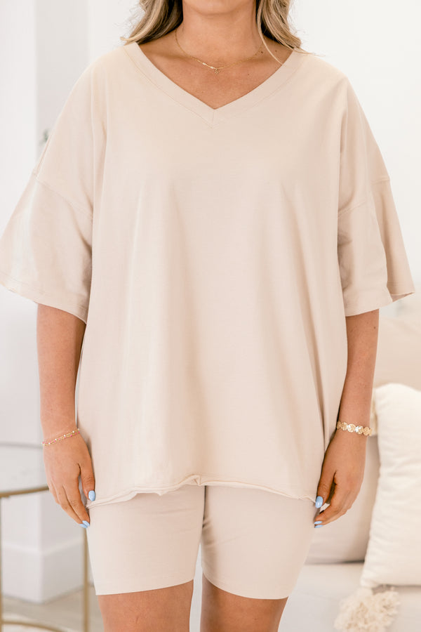 Chic Soul plus size clothing, light tan short sleeve v neck tunic top and biker shorts matching set