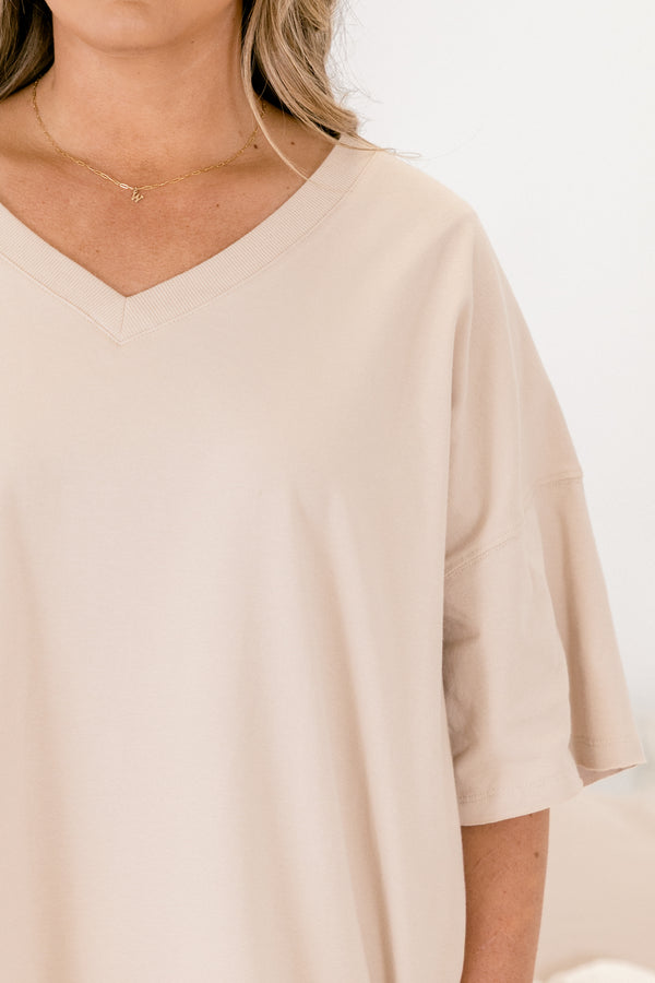 Chic Soul plus size clothing, light tan short sleeve v neck tunic top and biker shorts matching set