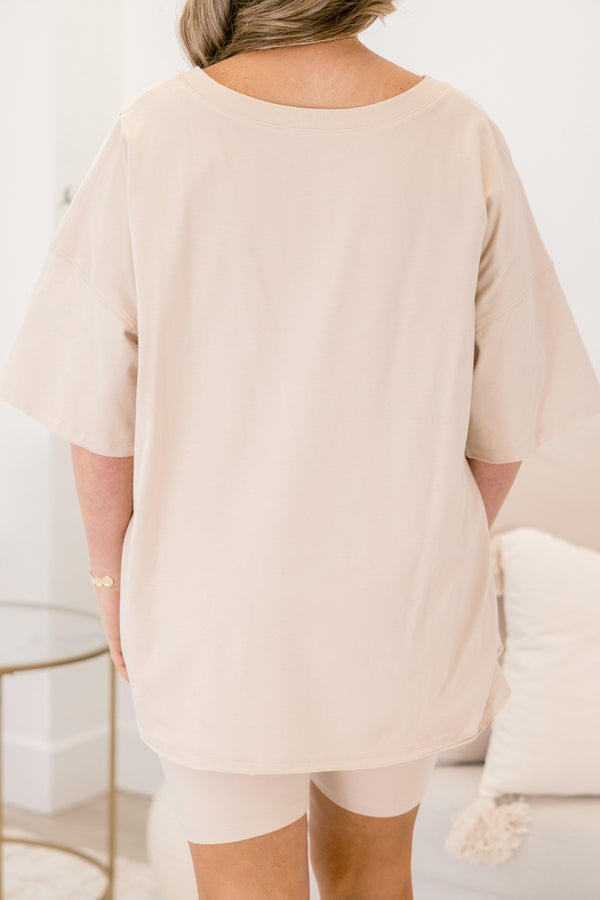 Chic Soul plus size clothing, light tan short sleeve v neck tunic top and biker shorts matching set