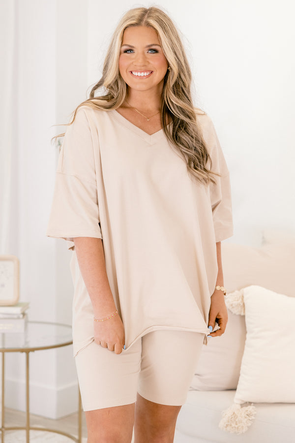 Chic Soul plus size clothing, light tan short sleeve v neck tunic top and biker shorts matching set