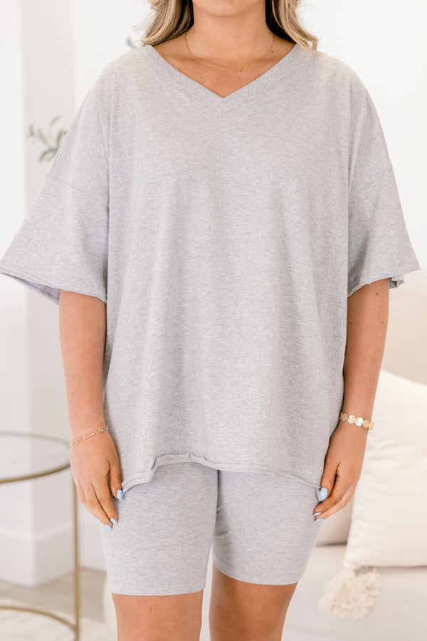 Chic Soul plus size clothing, heather gray short sleeve v-neckline top and matching heather gray biker shorts set