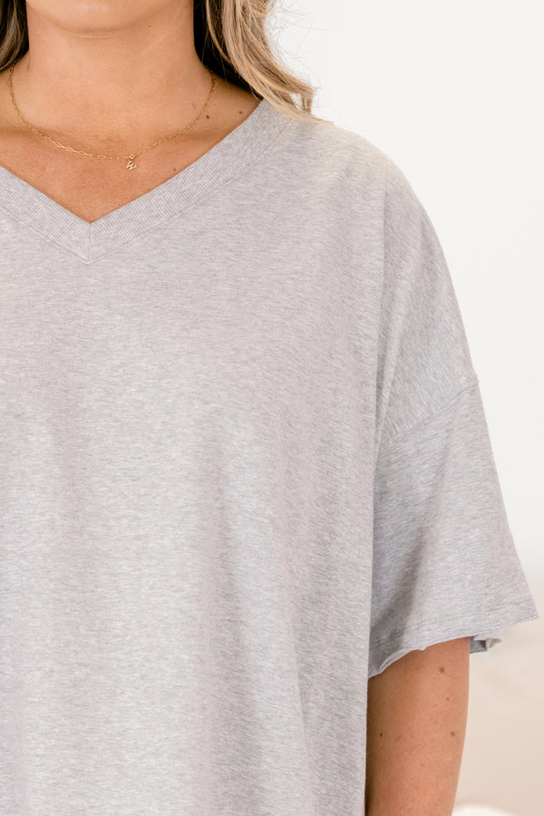 Chic Soul plus size clothing, heather gray short sleeve v-neckline top and matching heather gray biker shorts set