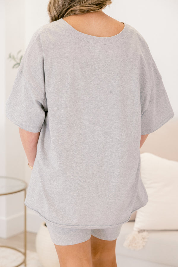 Chic Soul plus size clothing, heather gray short sleeve v-neckline top and matching heather gray biker shorts set