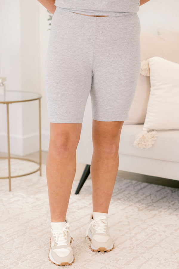 Chic Soul plus size clothing, heather gray short sleeve v-neckline top and matching heather gray biker shorts set