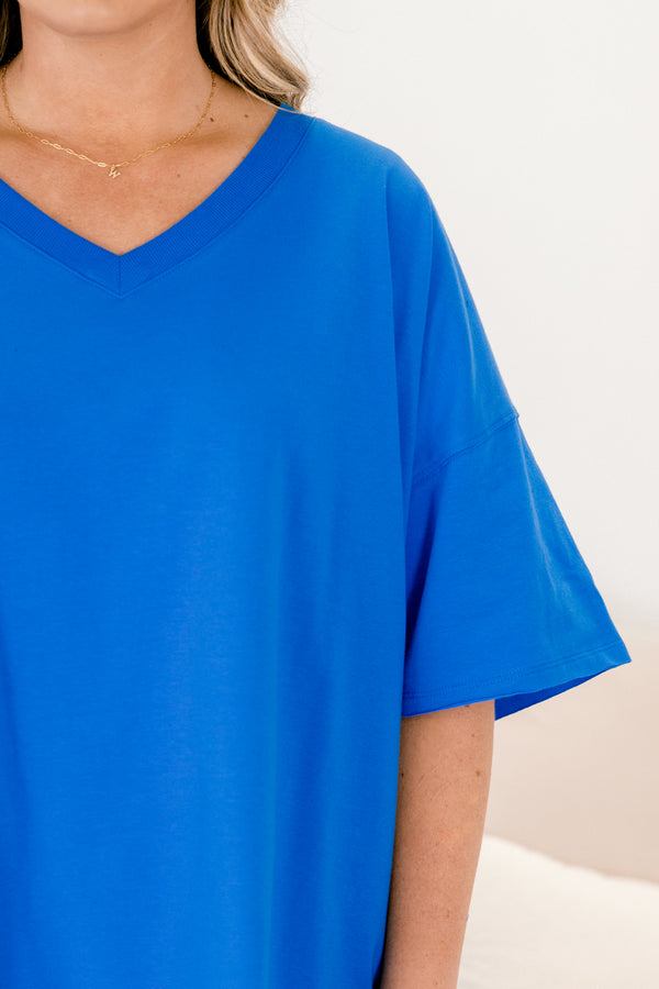 Chic Soul plus size clothing, blue short sleeve v-neckline top and matching blue biker shorts set