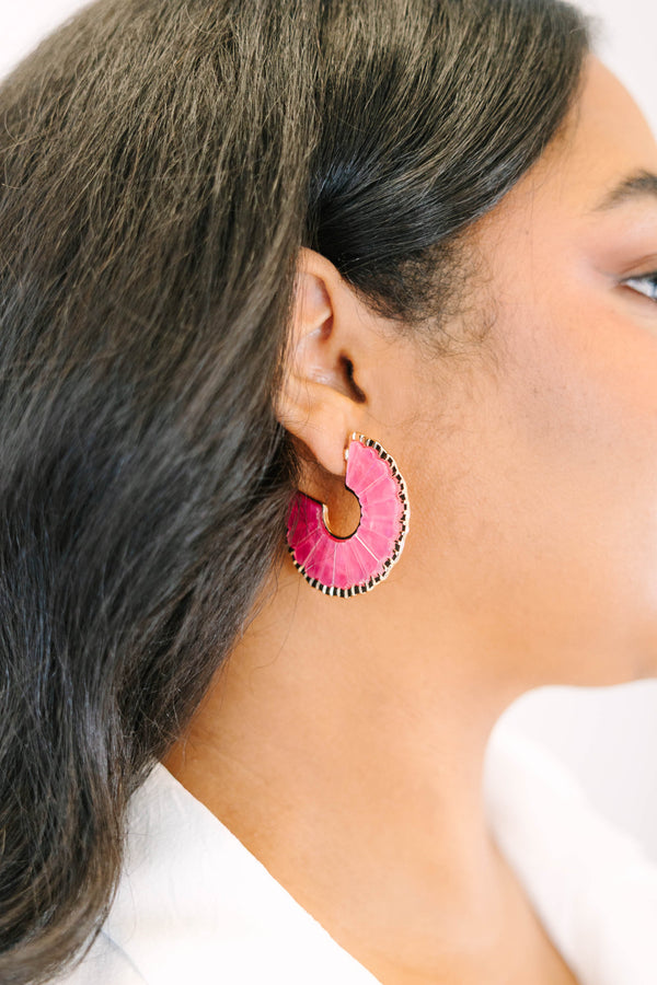 Plus Size pink scalloped hoop earrings with a smooth resin finish and gold-tone edging.