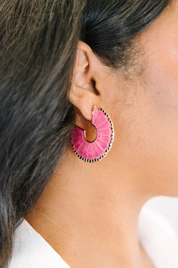 Plus Size pink scalloped hoop earrings with a smooth resin finish and gold-tone edging.