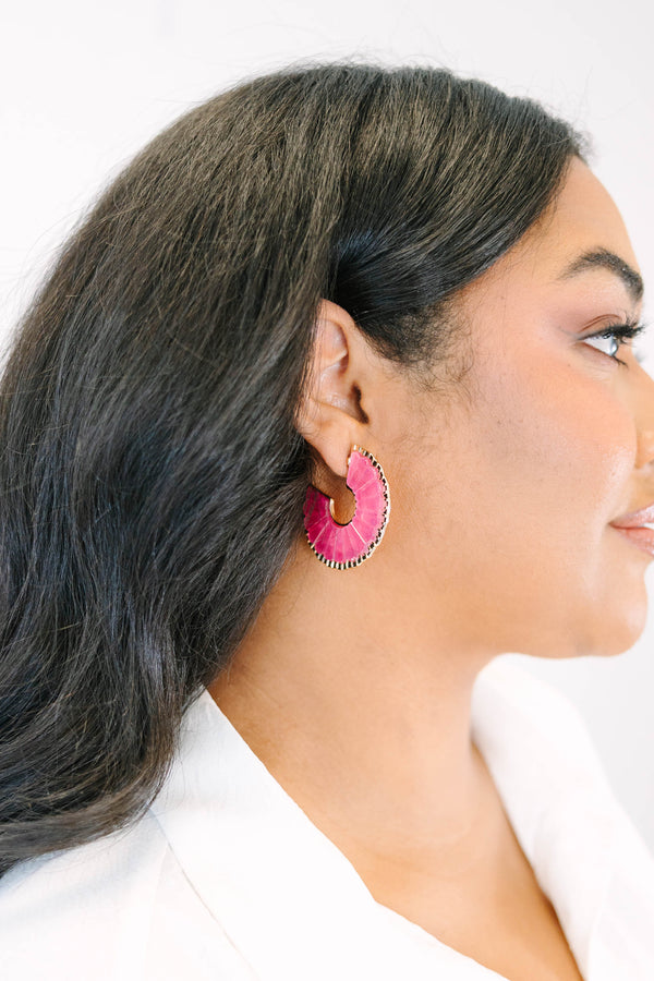 Plus Size pink scalloped hoop earrings with a smooth resin finish and gold-tone edging.