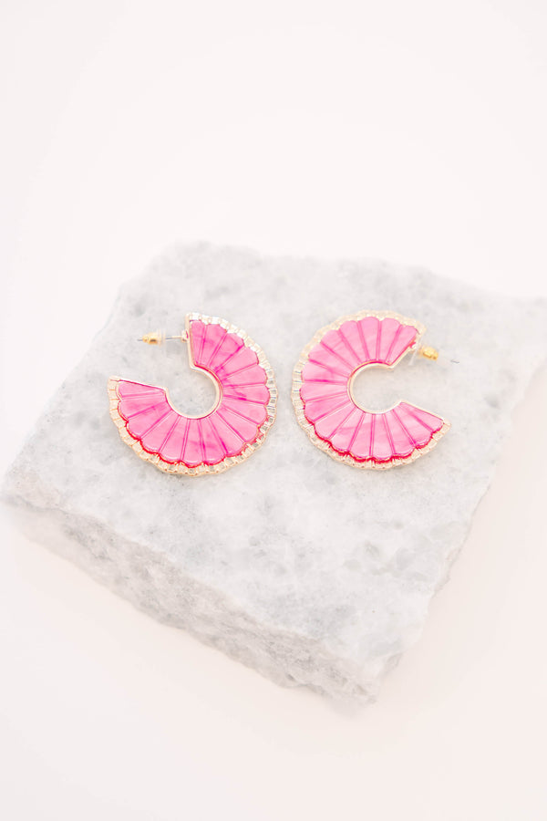 Plus Size pink scalloped hoop earrings with a smooth resin finish and gold-tone edging.