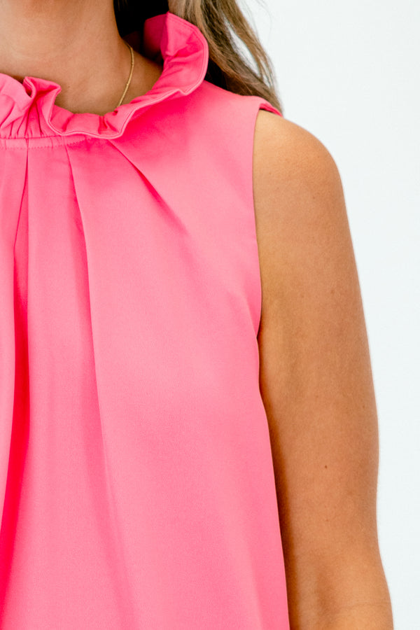 Chic Soul plus size clothing, bubble pink halter neck sleeveless top with ruffle along neckline