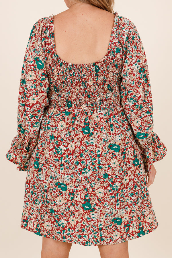 Chic Soul plus size clothing, red and blue floral patterned long sleeve short dress with ruffle detailing at bottom of sleeves
