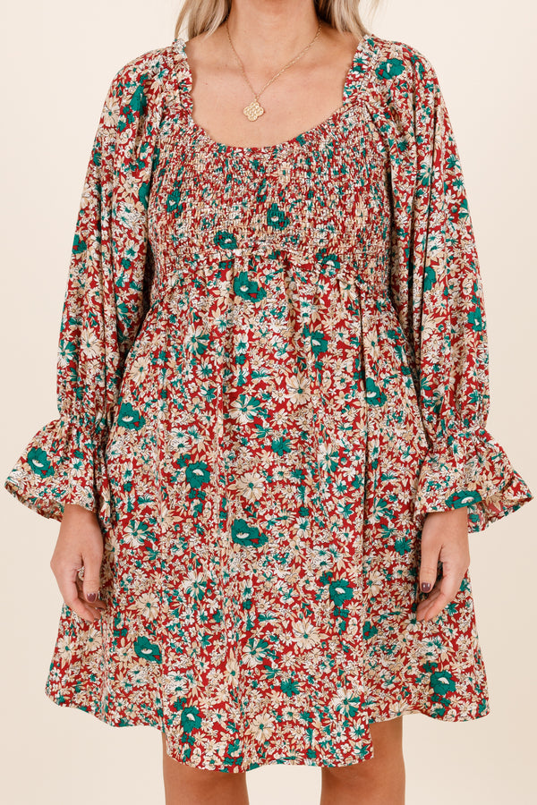 Chic Soul plus size clothing, red and blue floral patterned long sleeve short dress with ruffle detailing at bottom of sleeves