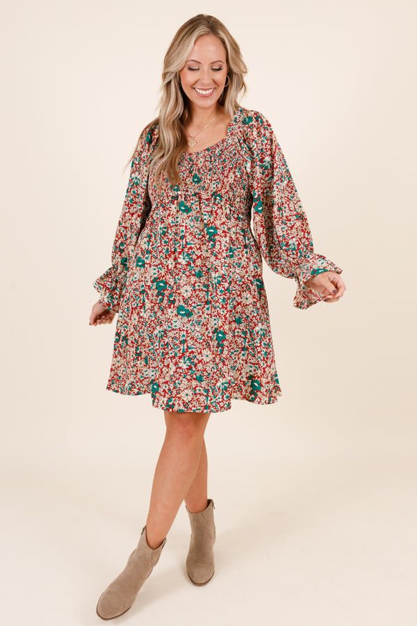 Chic Soul plus size clothing, red and blue floral patterned long sleeve short dress with ruffle detailing at bottom of sleeves