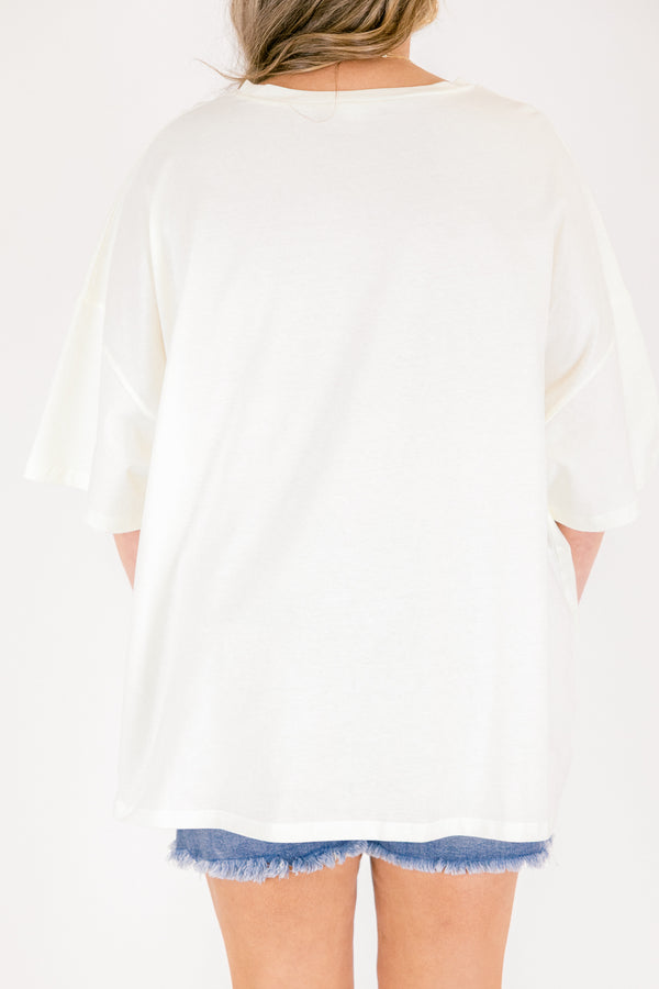 Chic Soul plus size clothing, ivory short sleeve graphic tee with an orange graphic on the center of the top and the saying 