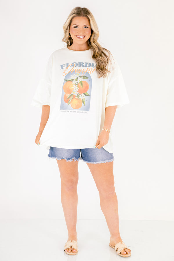 Chic Soul plus size clothing, ivory short sleeve graphic tee with an orange graphic on the center of the top and the saying 