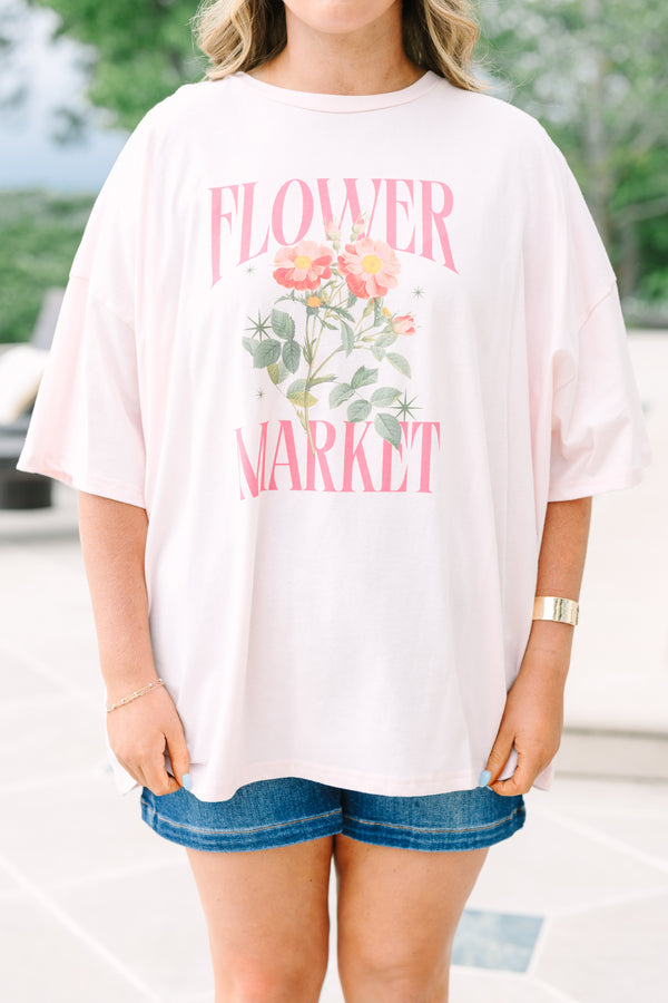 Chic Soul plus size clothing, cream pink oversized boyfriend tee with flower market graphic