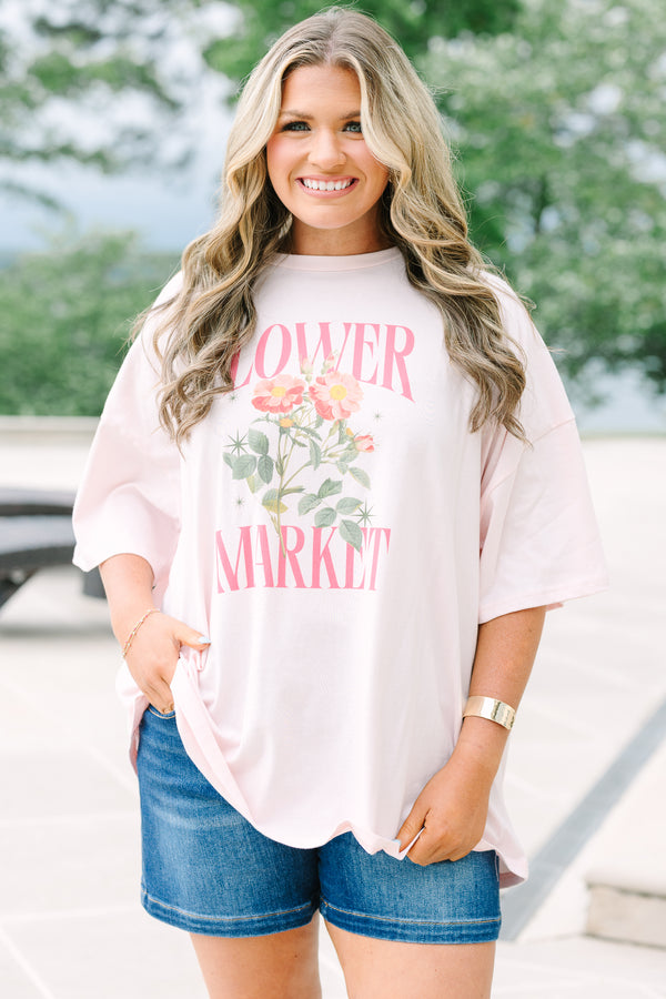 Chic Soul plus size clothing, cream pink oversized boyfriend tee with flower market graphic