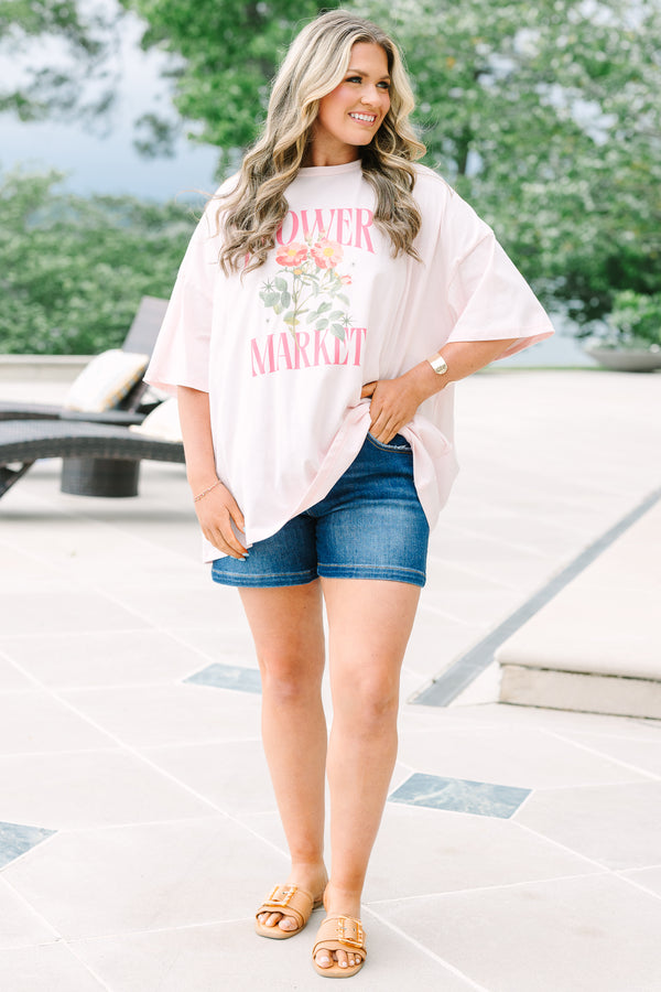 Chic Soul plus size clothing, cream pink oversized boyfriend tee with flower market graphic