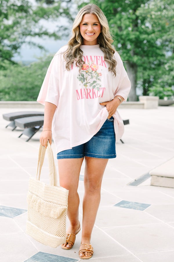 Chic Soul plus size clothing, cream pink oversized boyfriend tee with flower market graphic