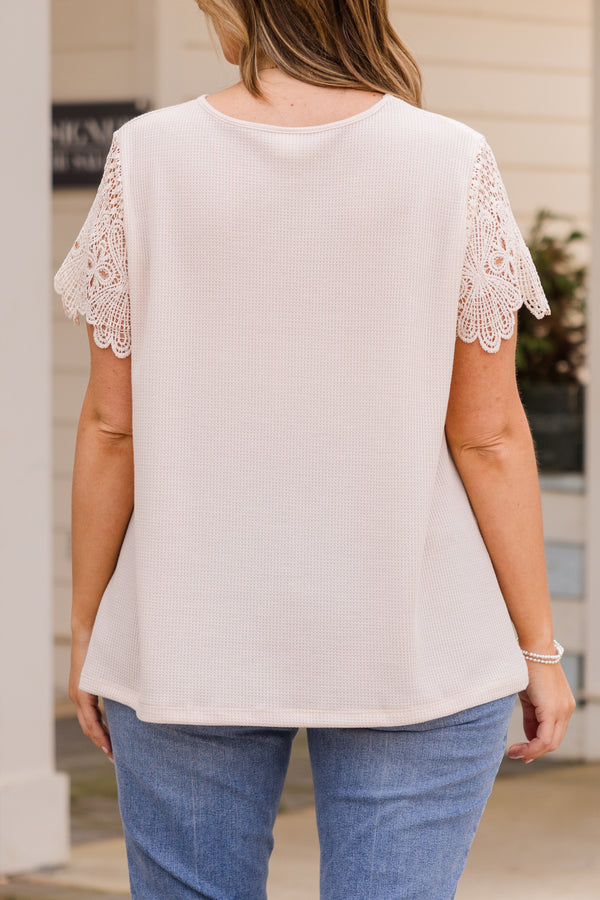 Chic Soul plus size clothing, ivory short sleeve top with ribbed body and lace short sleeves with round neckline