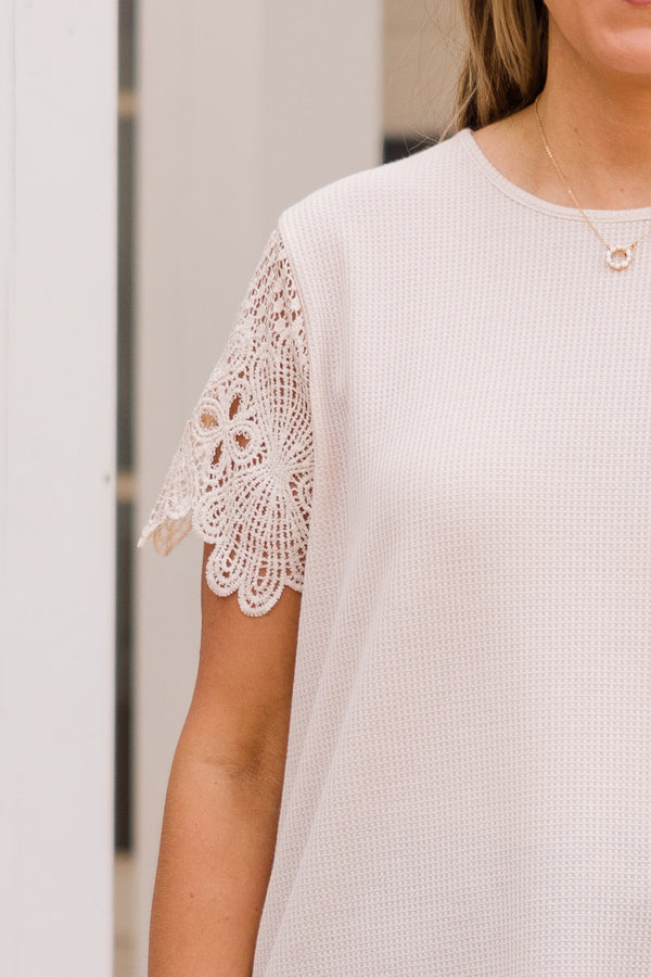 Chic Soul plus size clothing, ivory short sleeve top with ribbed body and lace short sleeves with round neckline