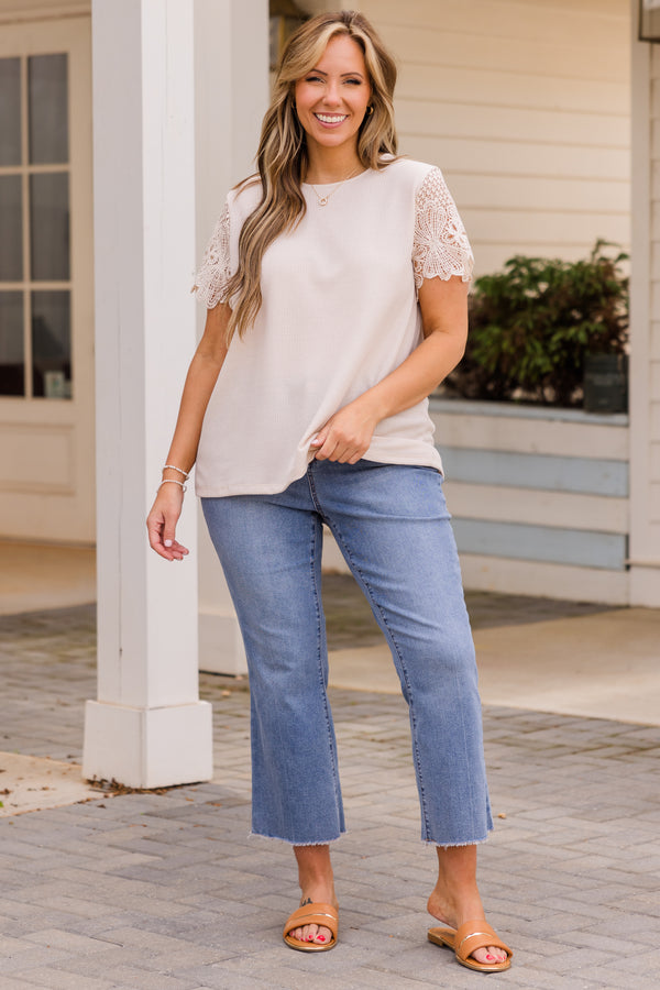 Chic Soul plus size clothing, ivory short sleeve top with ribbed body and lace short sleeves with round neckline