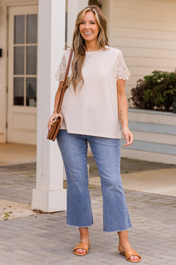 Chic Soul plus size clothing, ivory short sleeve top with ribbed body and lace short sleeves with round neckline