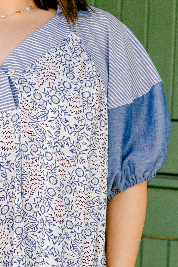 Chic Soul plus size clothing, short-puffed-sleeve denim colorblock top with a buttoned v-neckline and an abstract and striped pattern on the bodice and sleeves