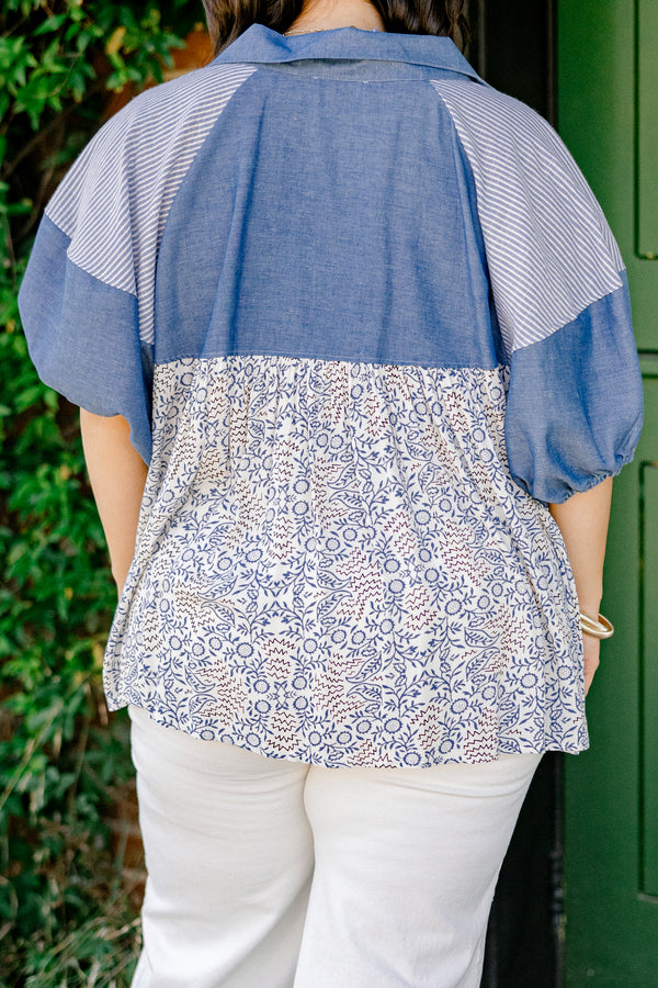 Chic Soul plus size clothing, short-puffed-sleeve denim colorblock top with a buttoned v-neckline and an abstract and striped pattern on the bodice and sleeves