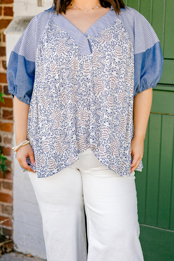 Chic Soul plus size clothing, short-puffed-sleeve denim colorblock top with a buttoned v-neckline and an abstract and striped pattern on the bodice and sleeves