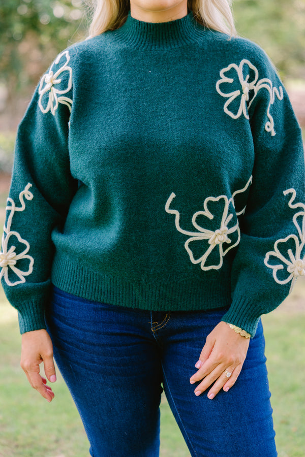 Chic Soul plus size clothing, dark green mock neck long sleeve sweater with white flowers on the sleeves