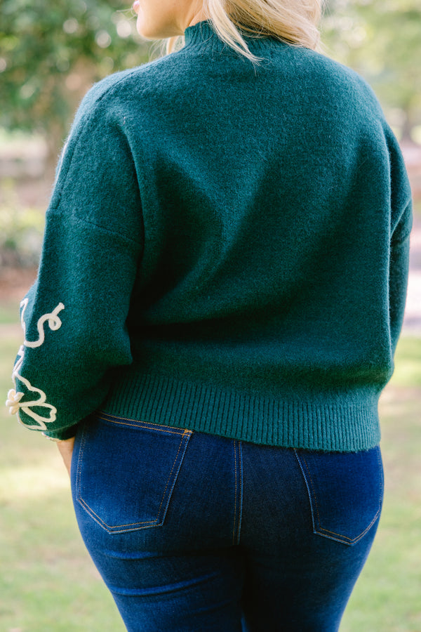 Chic Soul plus size clothing, dark green mock neck long sleeve sweater with white flowers on the sleeves