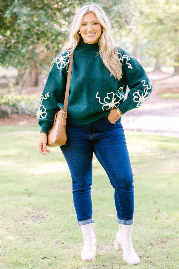 Chic Soul plus size clothing, dark green mock neck long sleeve sweater with white flowers on the sleeves