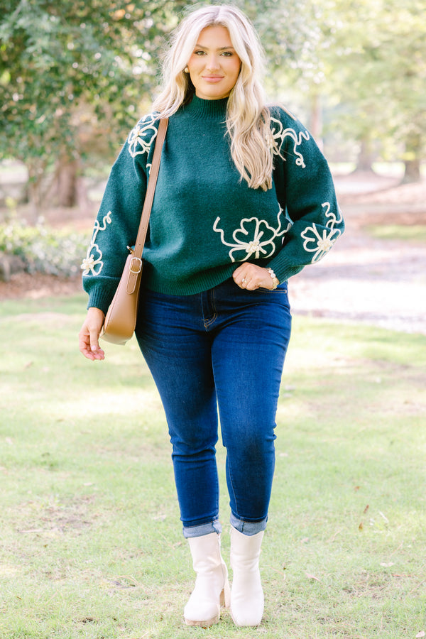 Chic Soul plus size clothing, dark green mock neck long sleeve sweater with white flowers on the sleeves