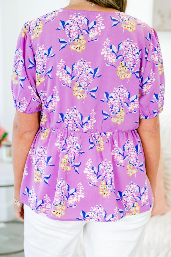 Chic Soul plus size clothing, purple short sleeve floral peplum top with smocked chest area and puff sleeves with square neckline