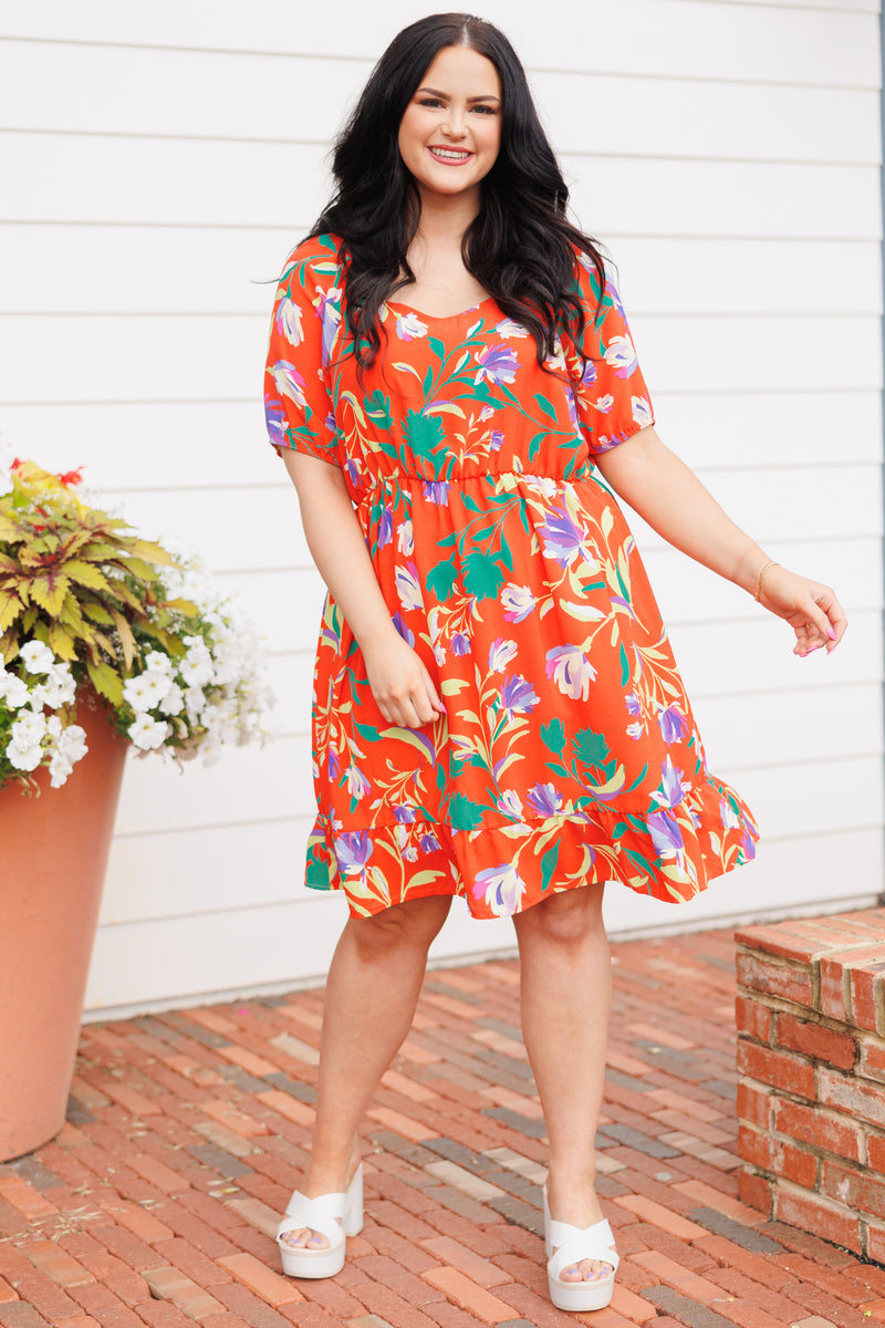 open lace back dress Women Plus Size Orange Floral Printed V-Neck Sleeveless Crepe Thigh-High  Slit Fit & Flare Wrap Maxi Dress main image 1