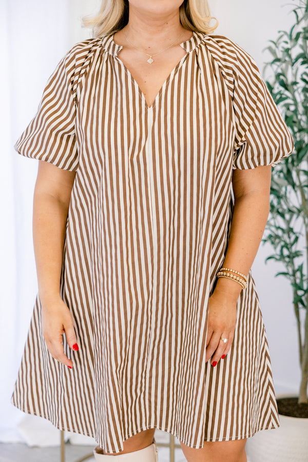 Chic Soul plus size clothing, short, brown, bubble sleeve dress with white stripes