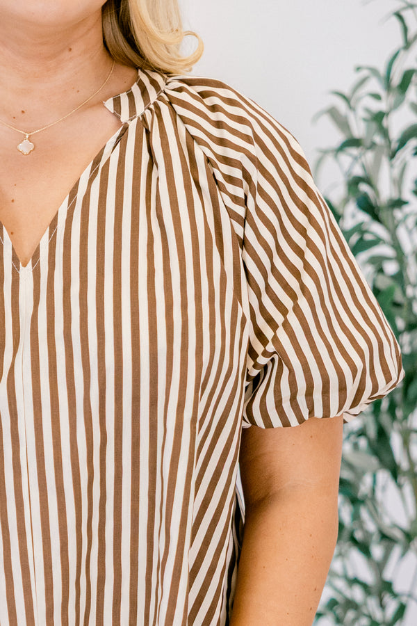 Chic Soul plus size clothing, short, brown, bubble sleeve dress with white stripes