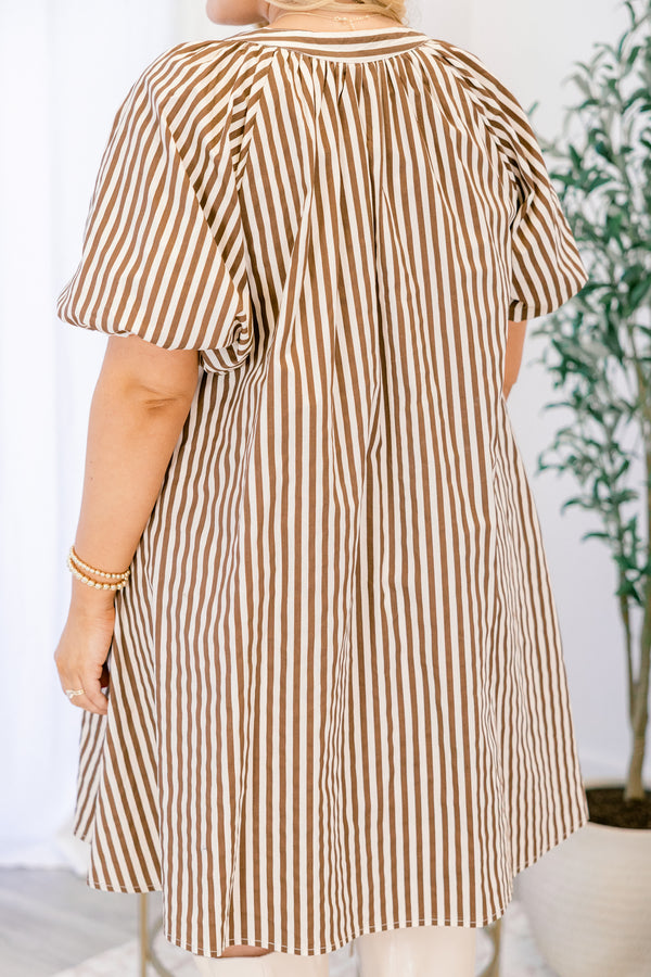 Chic Soul plus size clothing, short, brown, bubble sleeve dress with white stripes