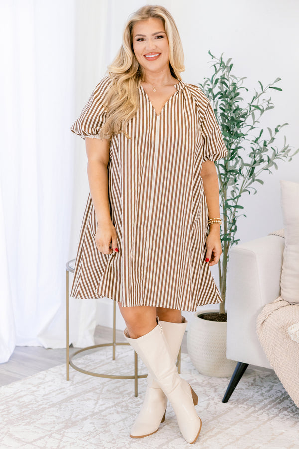 Chic Soul plus size clothing, short, brown, bubble sleeve dress with white stripes
