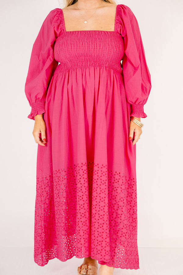 Chic Soul plus size clothing, hot pink maxi dress with long sleeves that have a ruffle flare out on the bottom of the sleeves a square neckline and an eyelet lace pattern below the knee on the dress